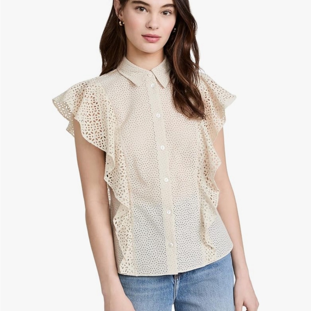 Theory Cream Eyelet Blouse with Ruffle Sleeves